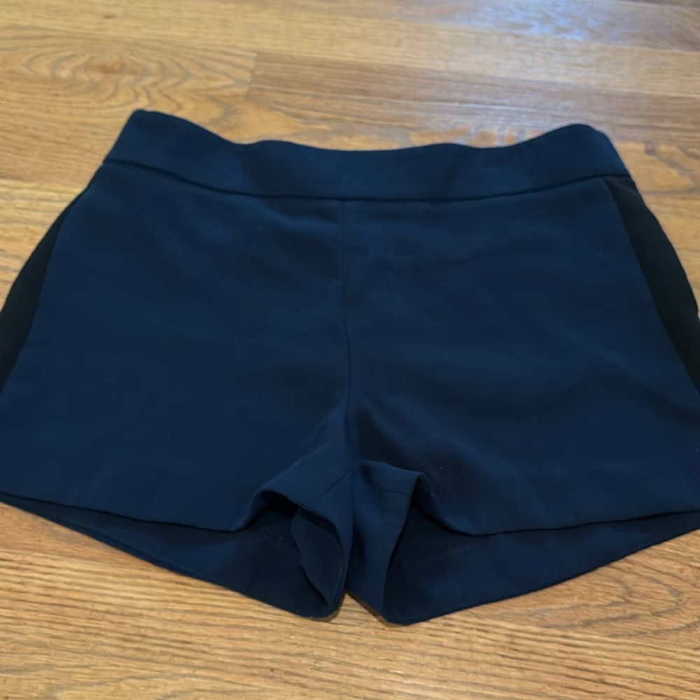 J. Crew factory short. Navy blue with black tuxedo stripe on side. Side zipper.